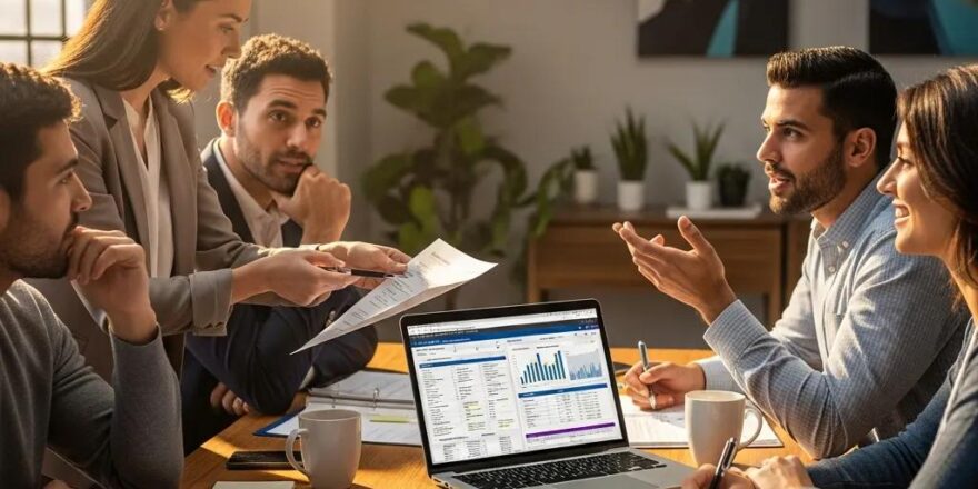 Real estate investors collaborating on property management strategies in a modern office