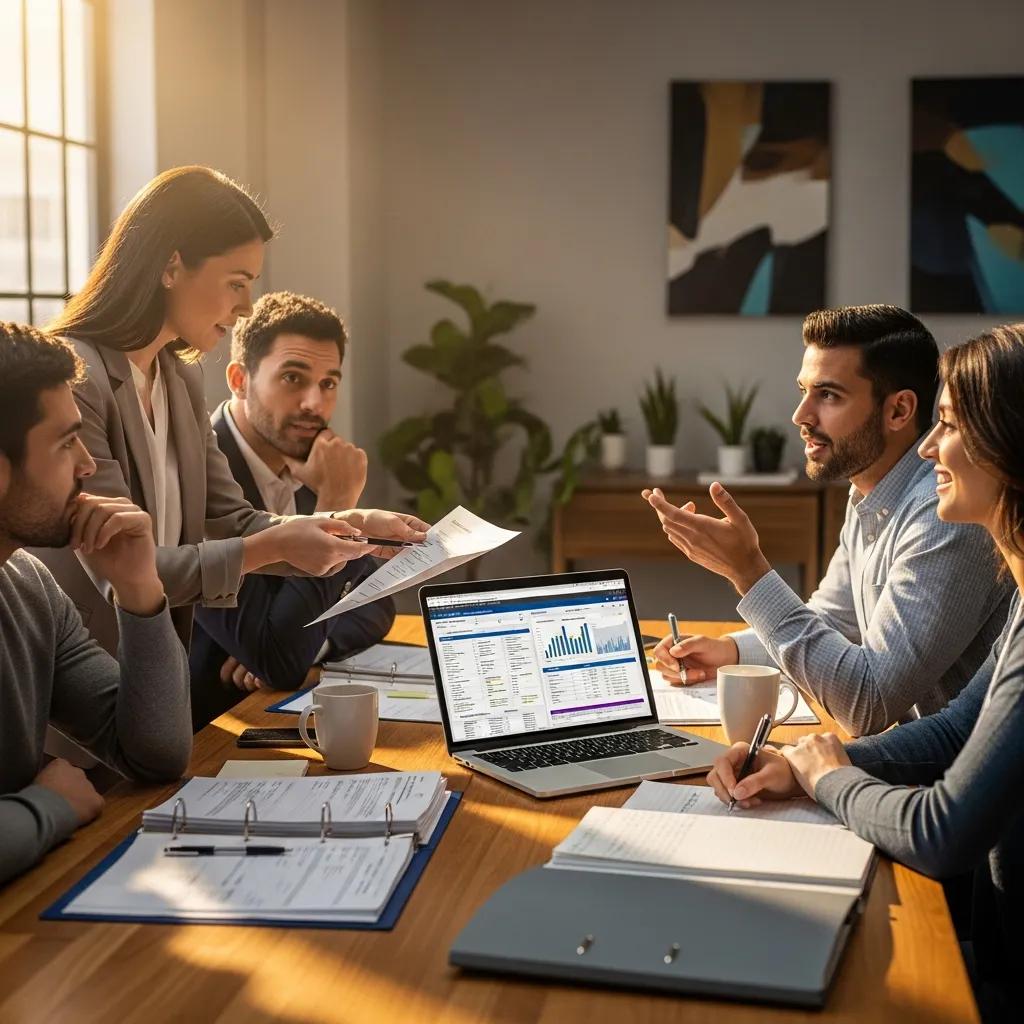 Real estate investors collaborating on property management strategies in a modern office