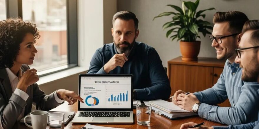 Real estate investors discussing California rent control laws in a modern office