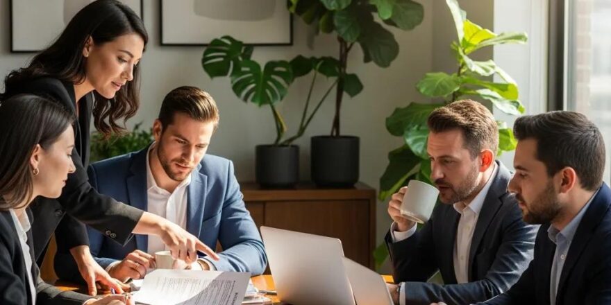 Real estate investors discussing contracts in a cozy office setting