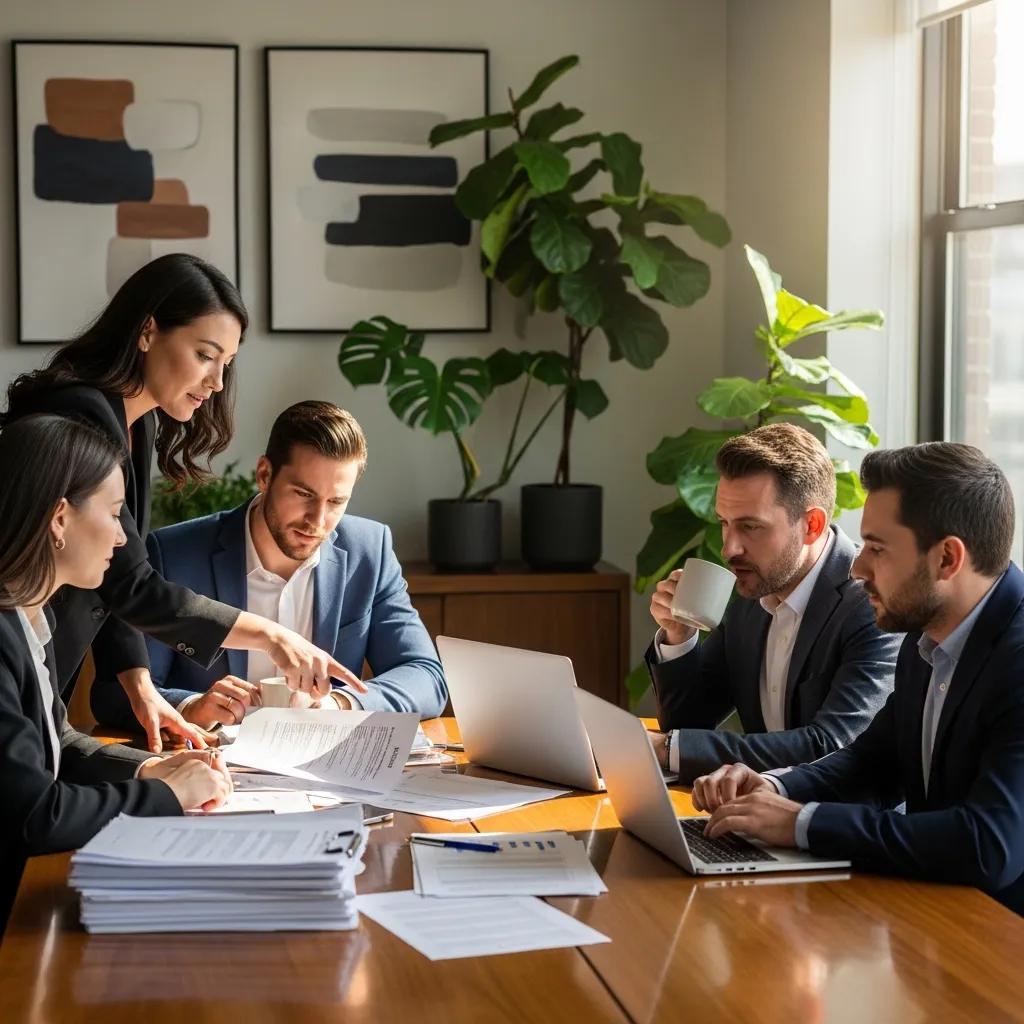 Real estate investors discussing contracts in a cozy office setting
