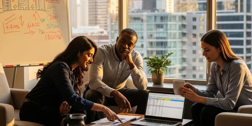 Real estate investors discussing financing options in a cozy office setting