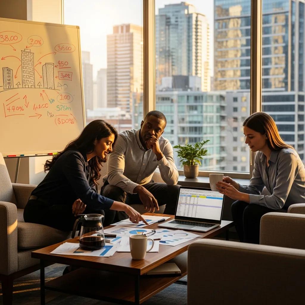 Real estate investors discussing financing options in a cozy office setting