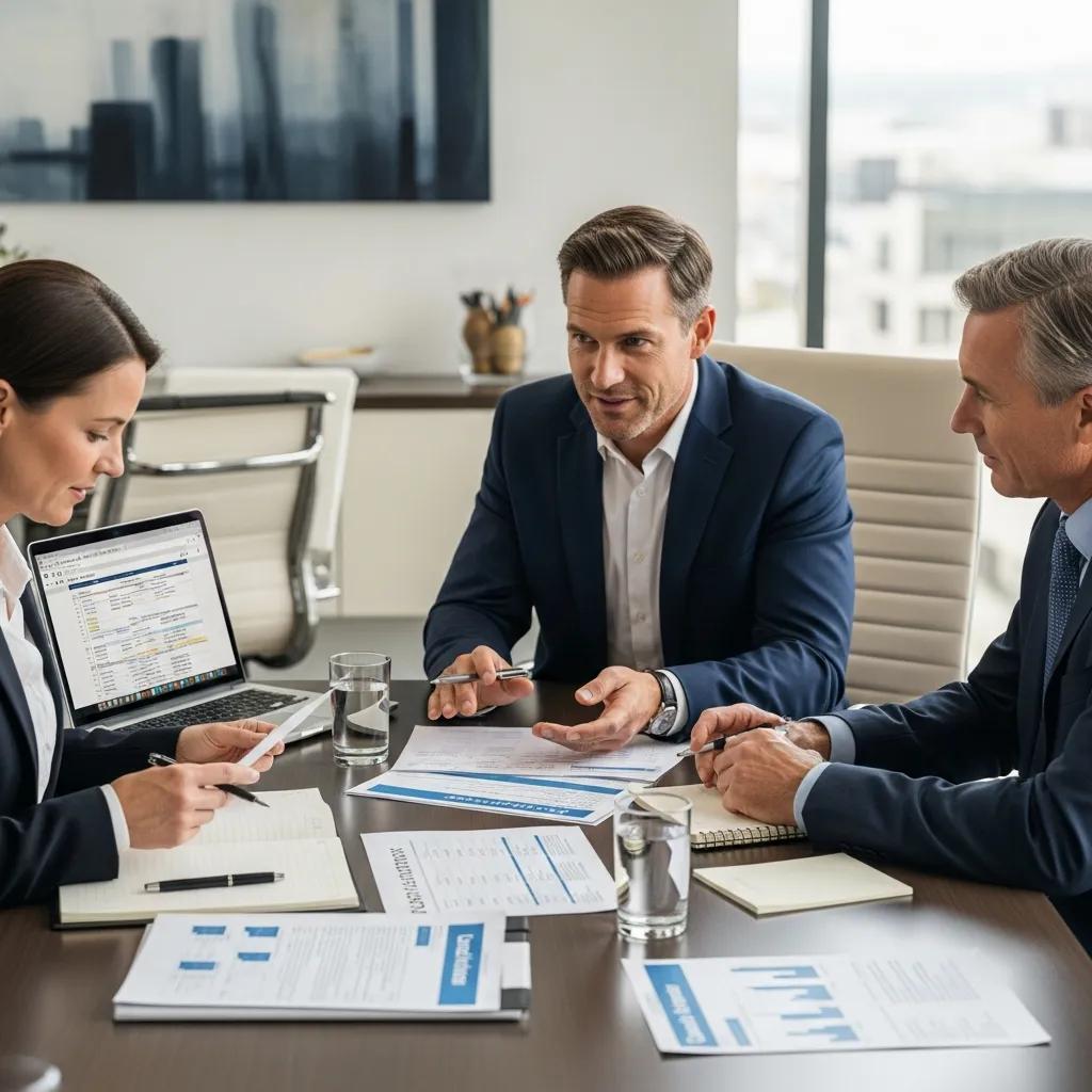 Investors and a loan officer reviewing financing options in an office — hard money lending context