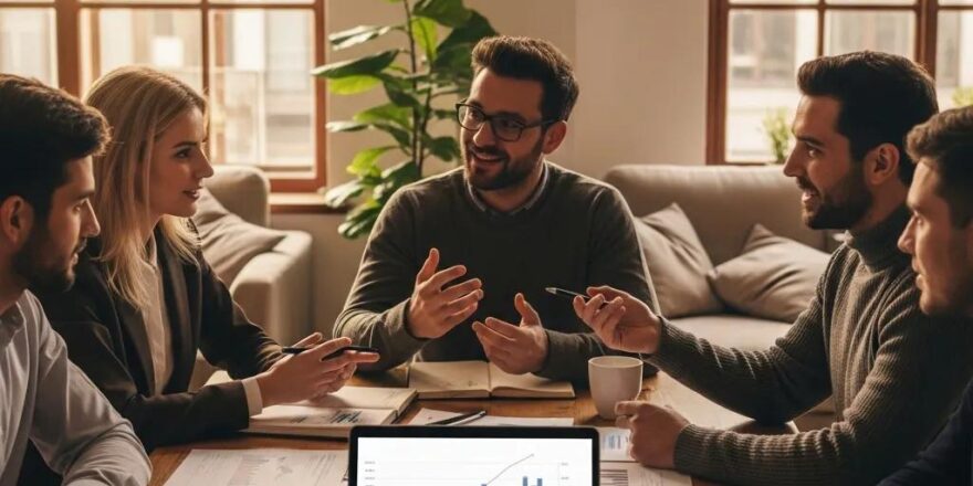 Real estate investors discussing hard money loans in a modern office