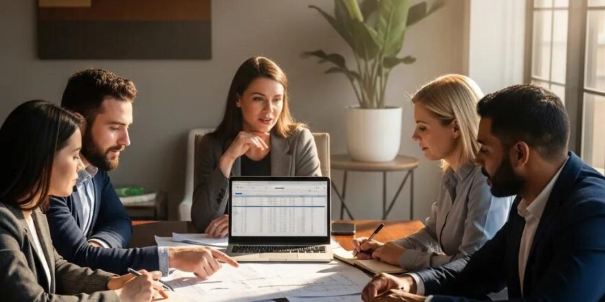 Real estate investors discussing hard money loans in a modern office