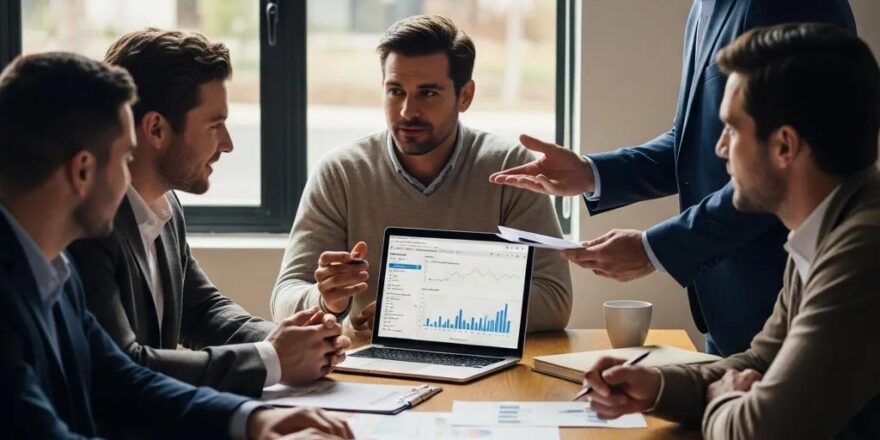 Real estate investors discussing hard money loans in a modern office setting