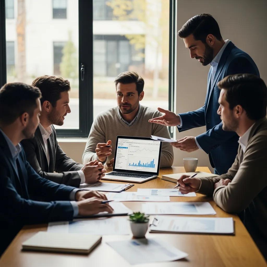 Real estate investors discussing hard money loans in a modern office setting