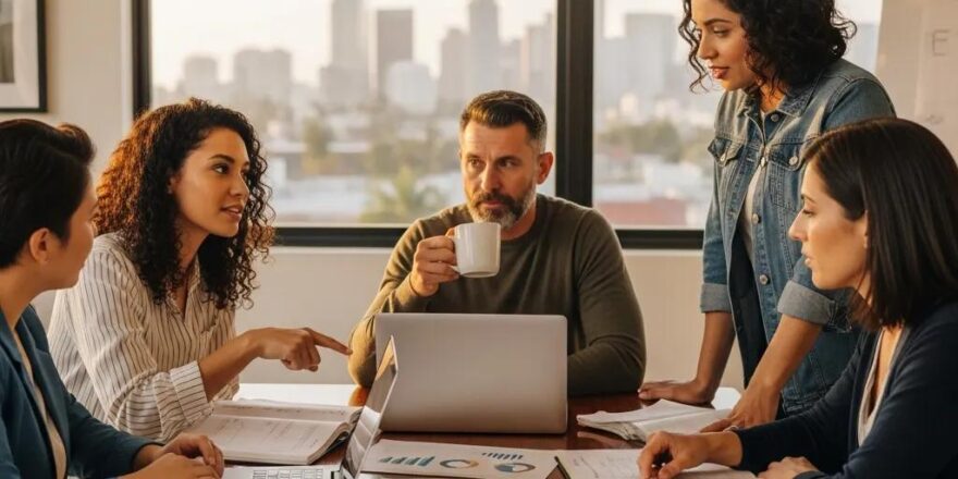 Real estate investors discussing hard money loans in a modern office with California skyline