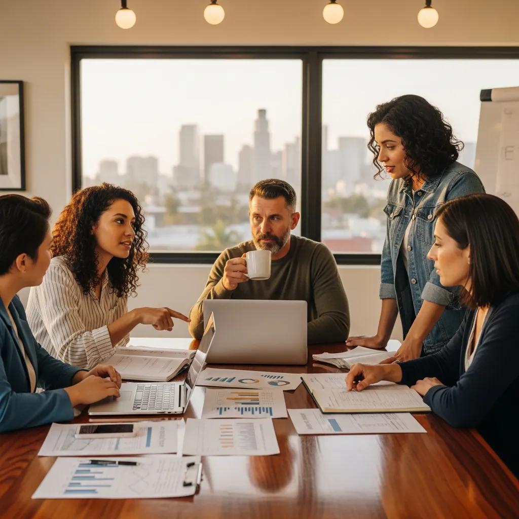 Real estate investors discussing hard money loans in a modern office with California skyline