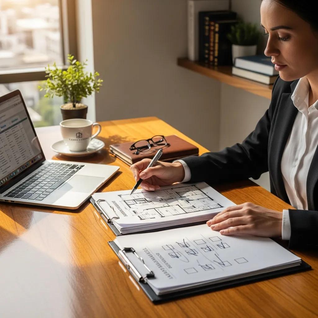 Professional performing property due diligence with documents and checklist