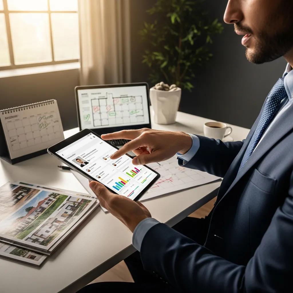Real estate professional managing leads on a tablet in a modern workspace