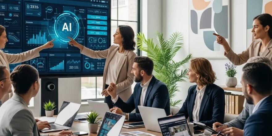 Real estate professionals collaborating over AI technology in a modern office