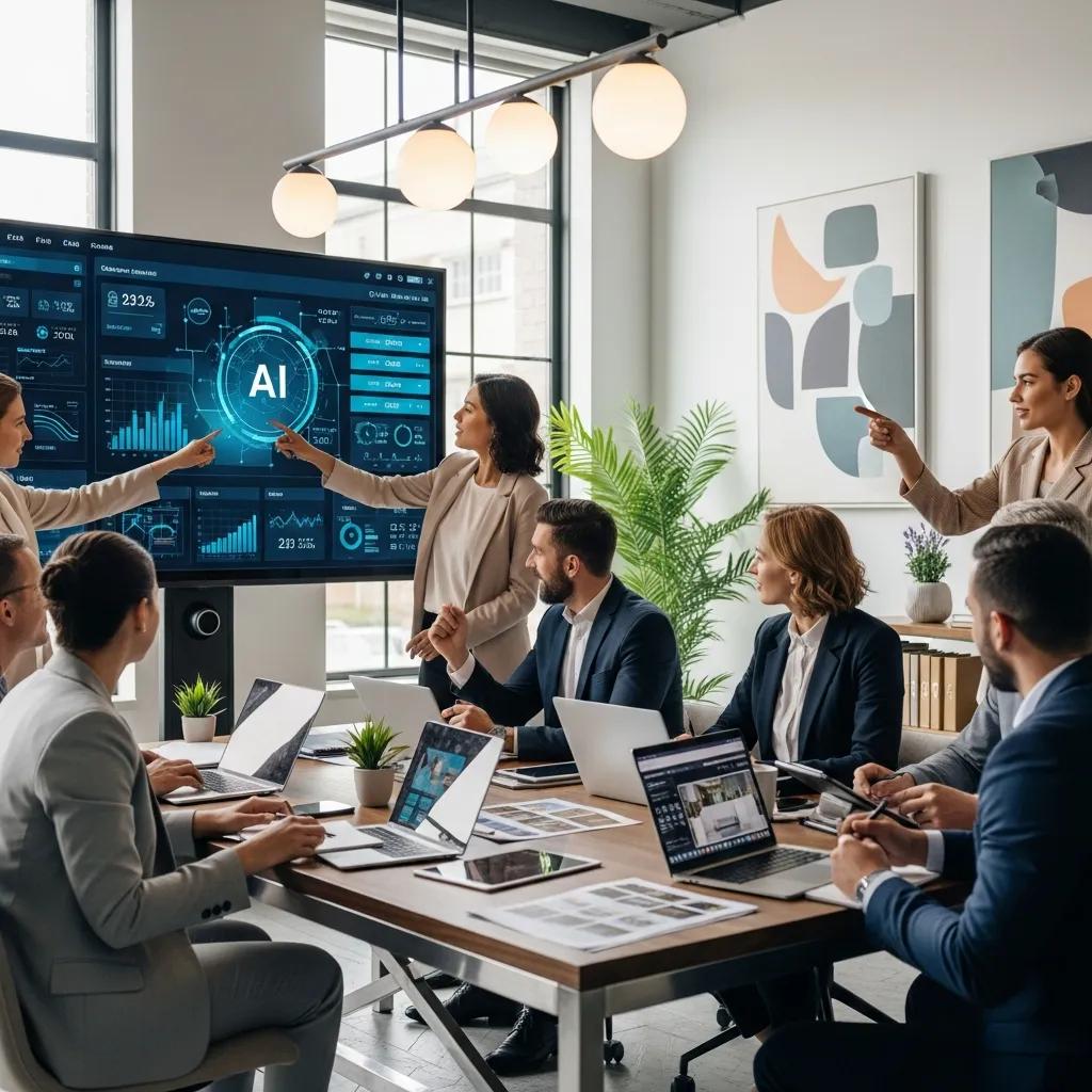 Real estate professionals collaborating over AI technology in a modern office