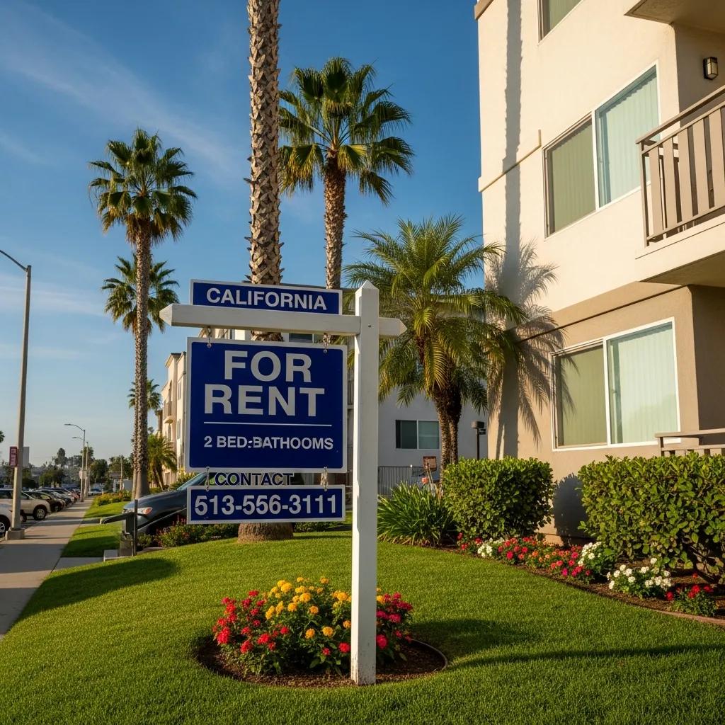 California residential building with a 'For Rent' sign, under tenant protection rules