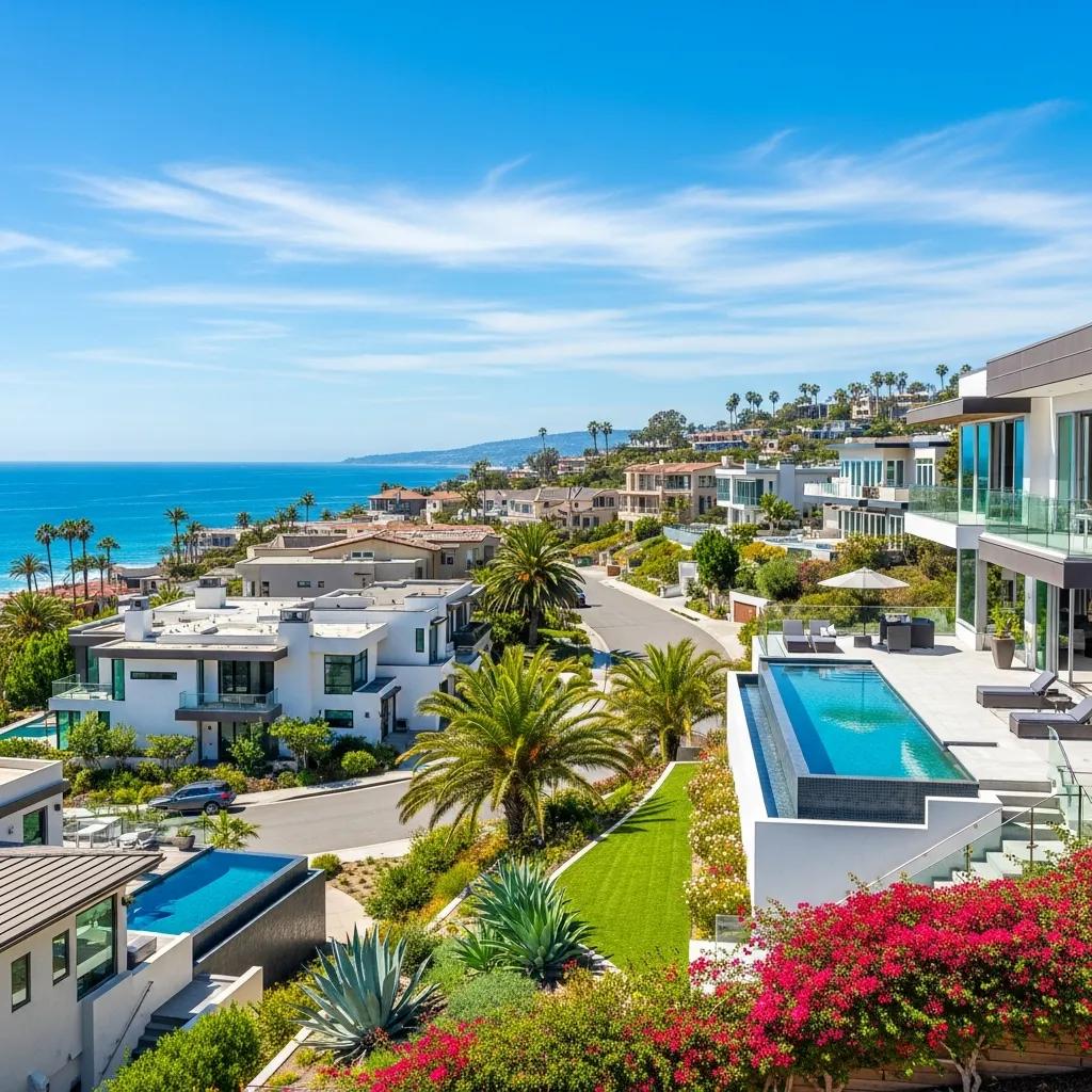 San Diego coastal neighborhood with modern homes and palm trees, representing real estate investment opportunities