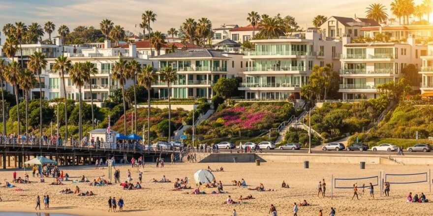 Santa Monica beach with upscale real estate in the background, representing investment opportunities