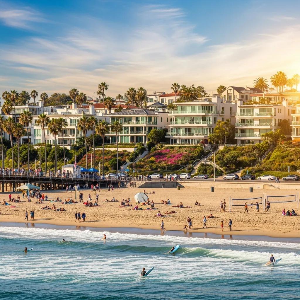 Santa Monica beach with upscale real estate in the background, representing investment opportunities