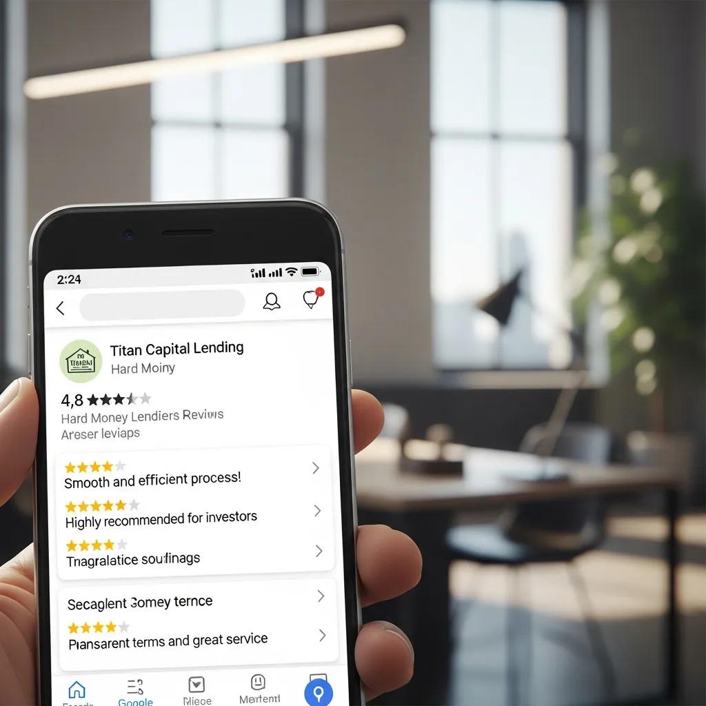 Smartphone displaying positive Google reviews for a hard money lender