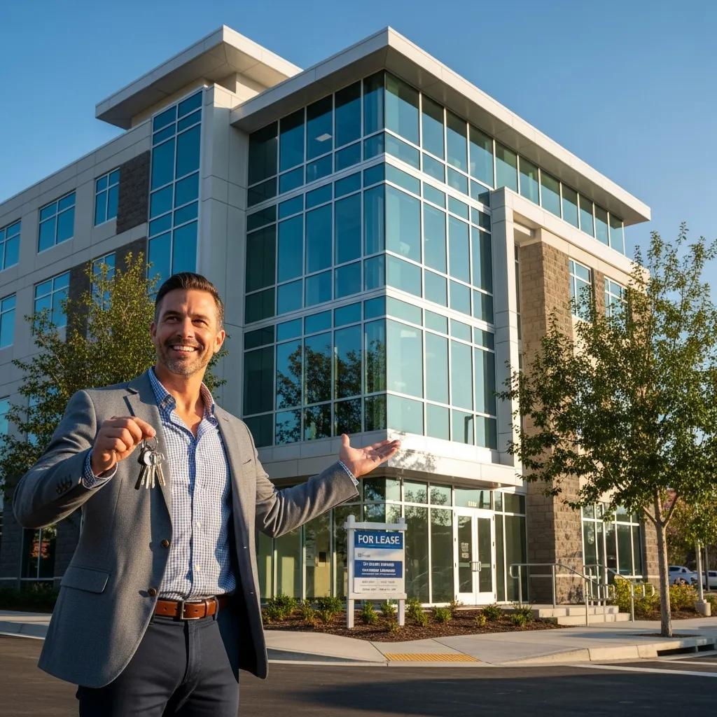 Investor celebrating in front of newly completed commercial development