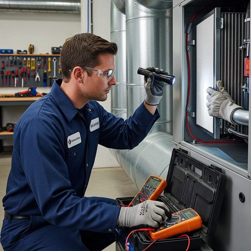 Technician servicing an HVAC unit in a tidy equipment room