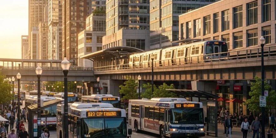 Urban transportation hub with people commuting and modern buildings, highlighting public transit's impact on property values