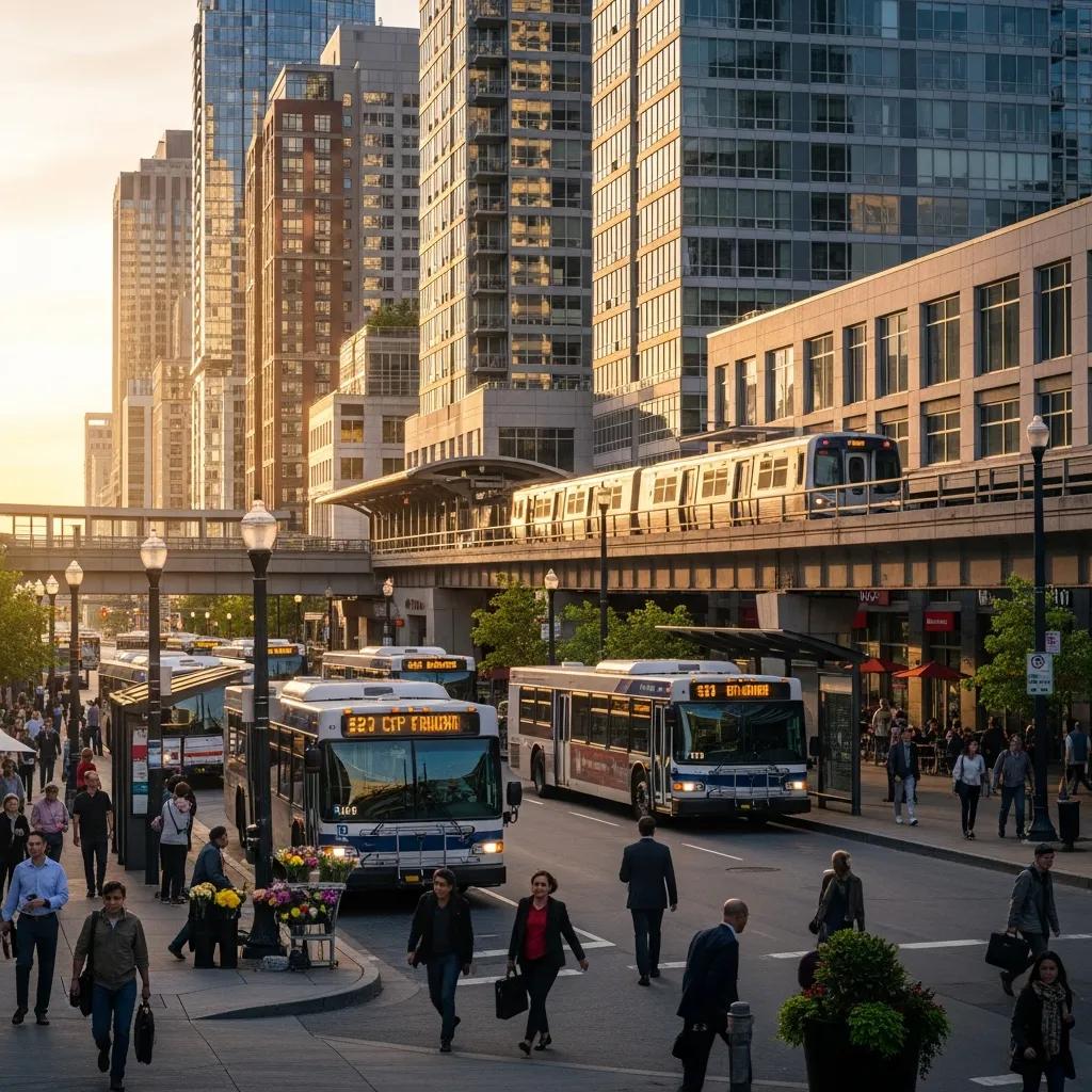 Urban transportation hub with people commuting and modern buildings, highlighting public transit's impact on property values