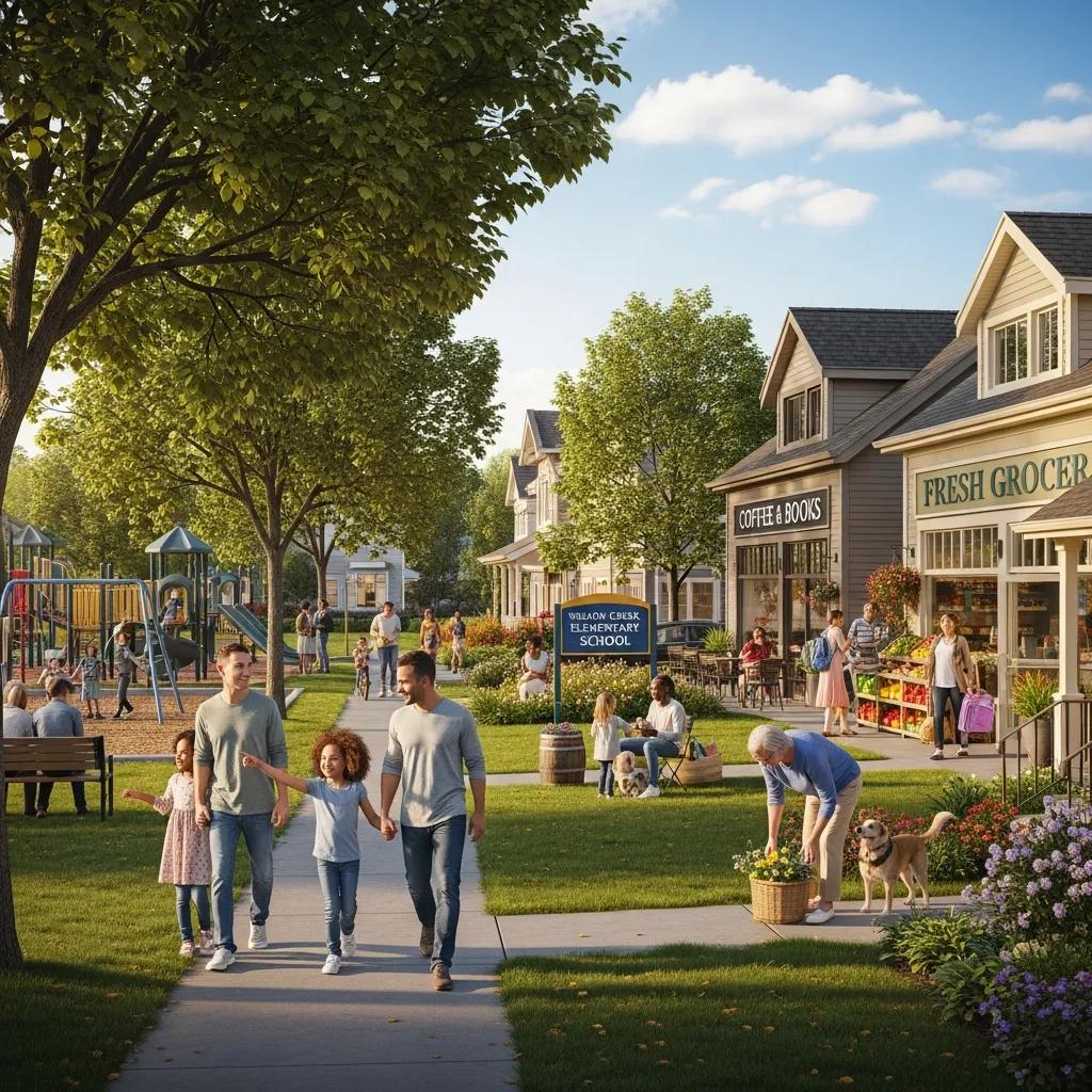 Street scene showing neighborhood amenities and local character