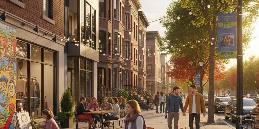 Vibrant urban neighborhood showcasing gentrification with modern and traditional architecture