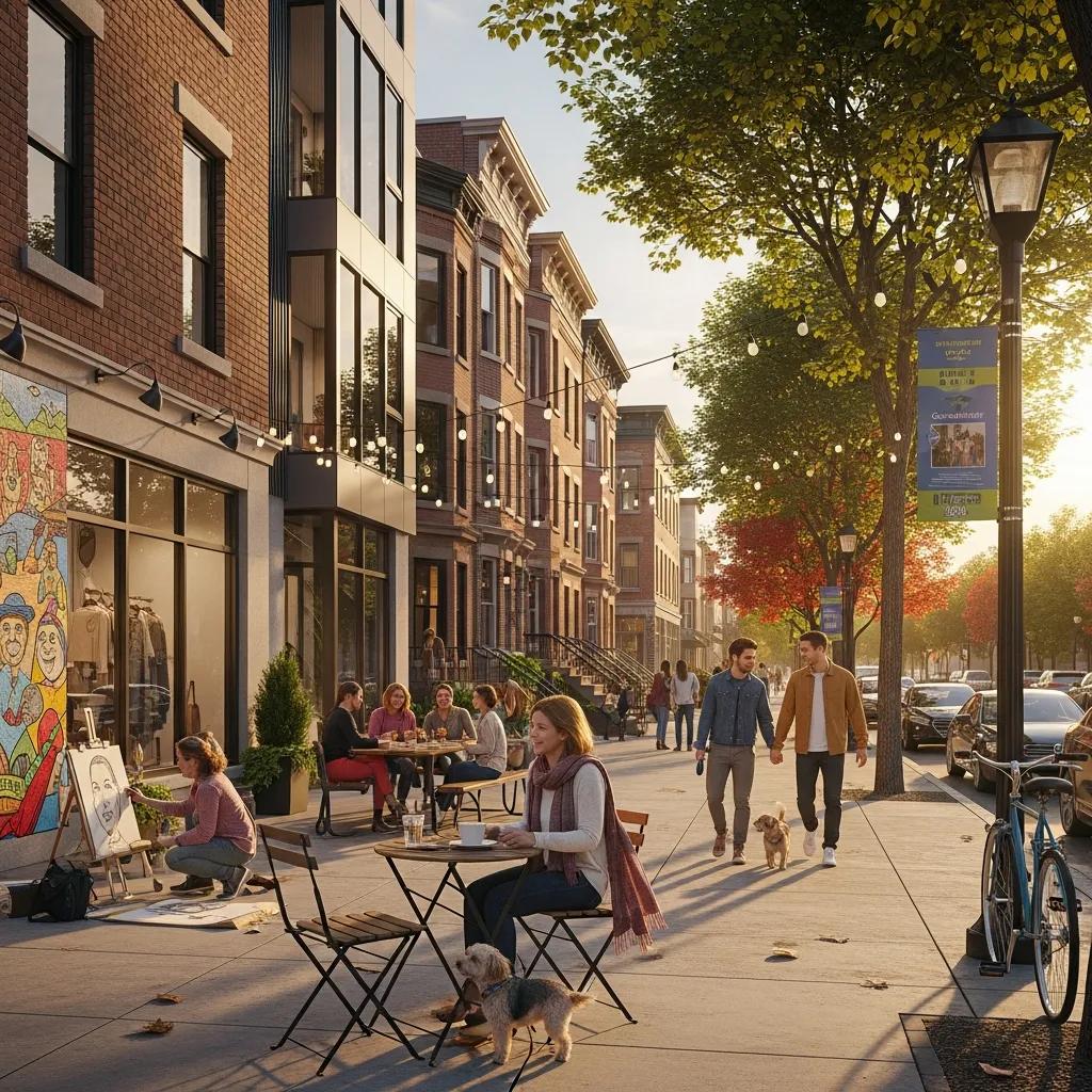 Vibrant urban neighborhood showcasing gentrification with modern and traditional architecture