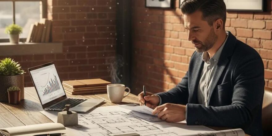 Warehouse investor reviewing financing documents in a cozy office setting