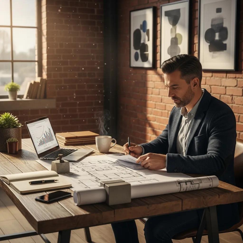 Warehouse investor reviewing financing documents in a cozy office setting