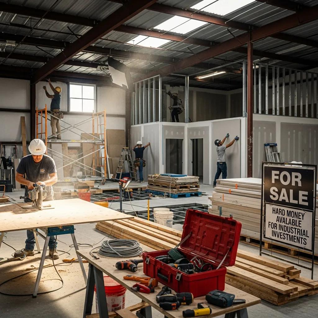 Warehouse renovation underway, showing fix‑and‑flip opportunity