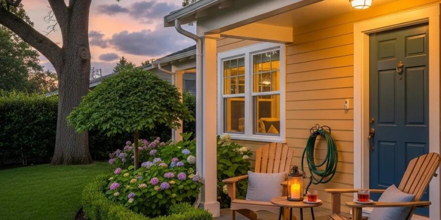 Welcoming rental property with inviting exterior and lush landscaping