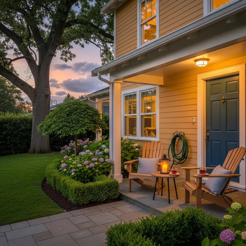 Welcoming rental property with inviting exterior and lush landscaping